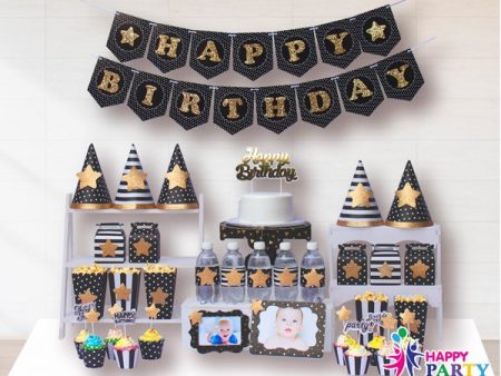 Phụ kiện trang trí sinh nhật BLACK GOLD PARTY KIT