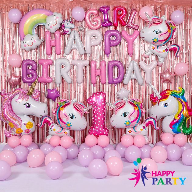 Mẫu trang trí bóng sinh nhật cho bé heo ngựa hồng