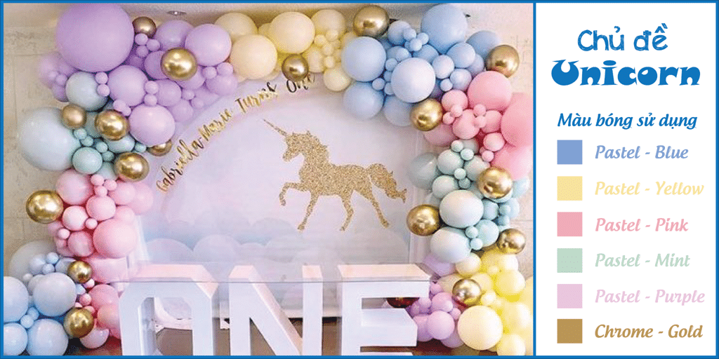Phối màu bong bóng trang trí tiệc sinh nhật chủ đề Unicorn hoặc Pony